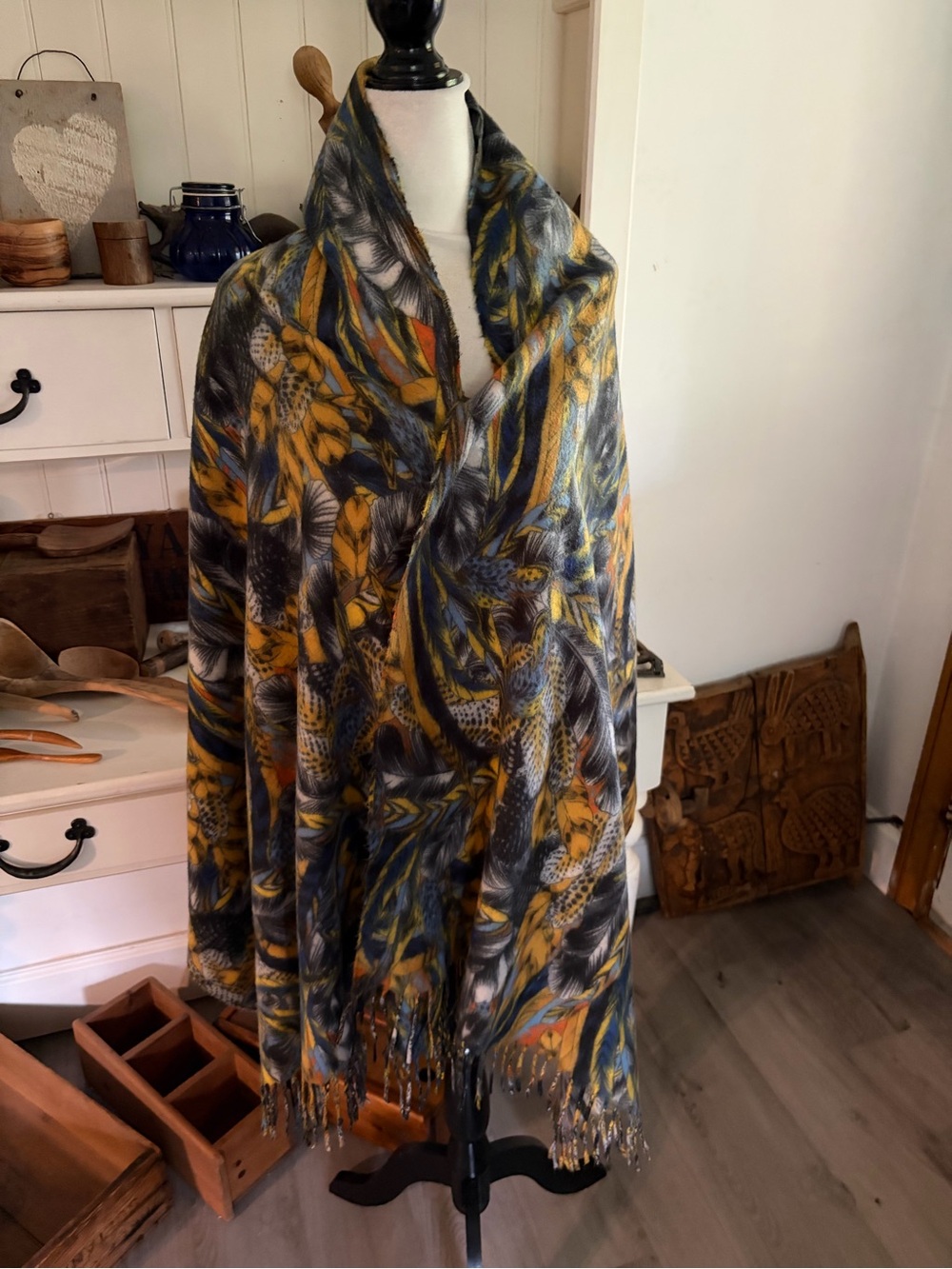 Super Soft Yellow and Gray Feather Pattern Scarf - Unbranded